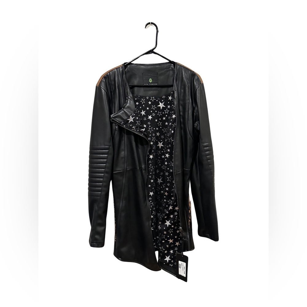 NWT Ron Tomson Longline Faux Leather Two Tone Black Brown Jacket Sz Medium/Large